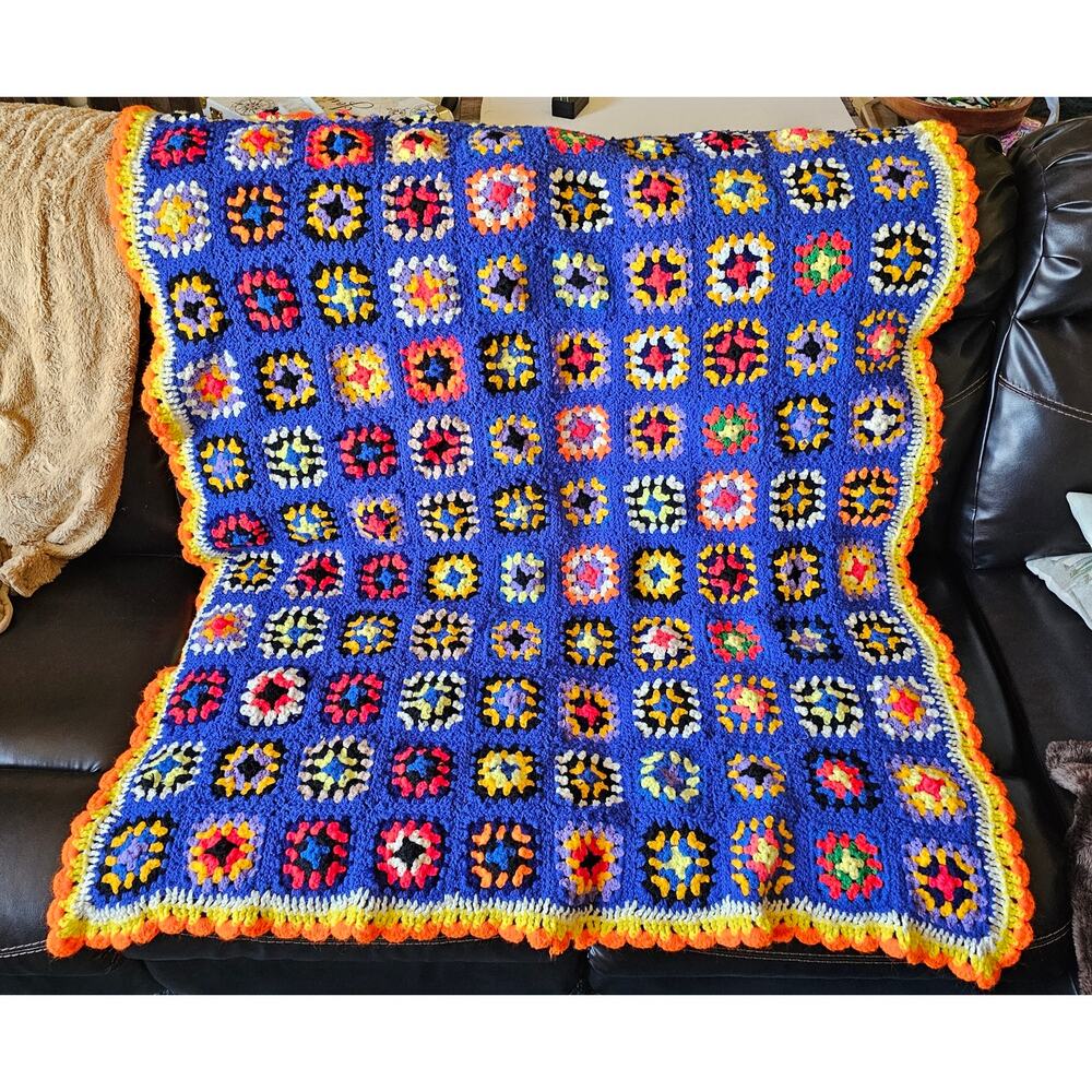 CROCHET Granny Square Afghan Blanket Bright Colors 64" x 48" Handmade GIFT - Picture 2 of 7